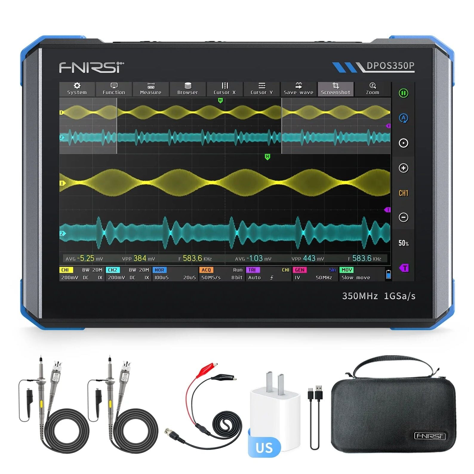 FNIRSI DPOS350P 4-in-1 350MHz 1GSPS Tablet Osiloskop, Sinyal Jeneratörü, Spektrum Analizörü ve Frekans Tepki Analizörü