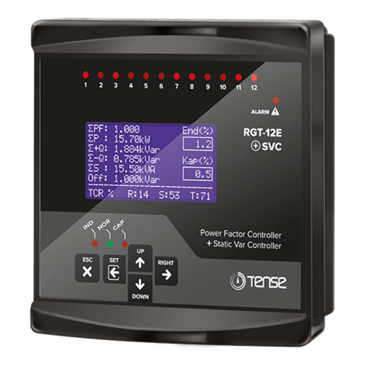 TENSE RGT-12E SVC Reaktif Güç Kontrol Rölesi | 12 Kademe SVC Uyumlu, Grafik LCD, Trifaze