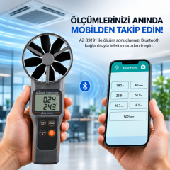 AZ 89191 Bluetoothlu 10CM Pervaneli Anemometre | Hava Hız, Debi, CO₂, Nem, Sıcaklık