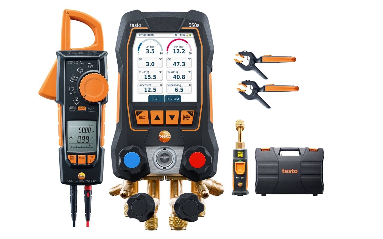 Testo 558 S Akıllı Vakum Seti – Pens Ampermetre ve Kablosuz Sıcaklık ve Vakum Problarına Sahip Akıllı Dijital Manifold