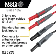 Klein Tools 69359 0,91 m Banana Fişli Test Kablosu Adaptörü, Kırmızı-Siyah Çift