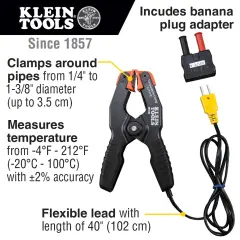 Klein Tools 69140 K Tipi Boru Kelepçeli Termokupl, -20–100 °C, 6,4–34,9 mm Boru